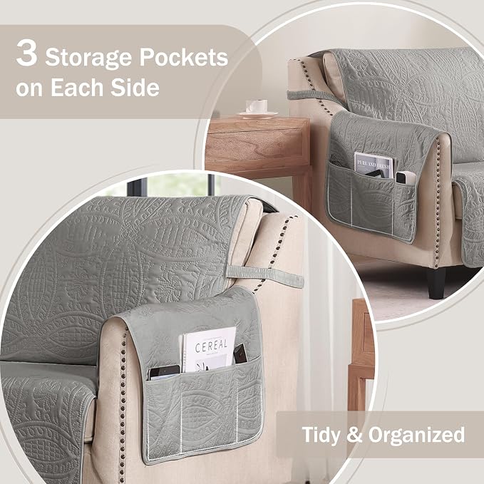 Quilted Cool Gray Sofa Slipcovers with Pockets, Anti-Slip Medallion Couch Covers for 3 Cushion Sofa, Couch Cover for Dogs Cats Water-Repellent Machine Washable (Large Sofa 68", Cool Gray) - Image 4