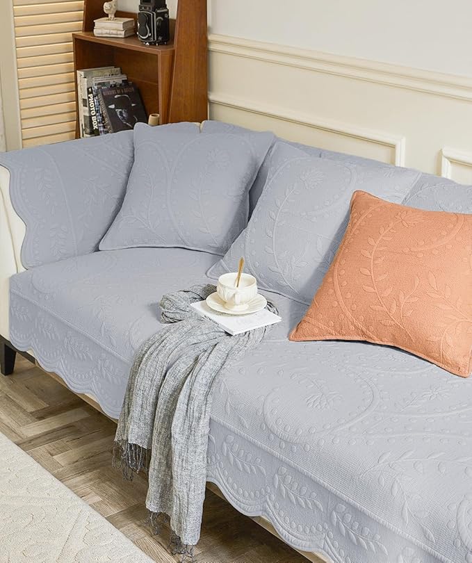 Leaf Floral Cotton Quilted Dog Couch Cover for Sofa Farmhouse Rustic Embroidered Sectional Couch Cover Soft Anti-Slip Sofa Slipcover Furniture Protector for Kids, Pets (Grey,36"x70") - Image 4