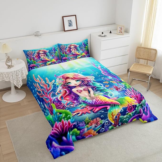 Manfei Mermaid Comforter Set,Watercolor Ocean Animal Dreamy Fairy Tale Bedding Set for Kids Girls Bedroom,Undersea Colorful Coral Neon Mermaid Scale Comforter with 1 Pillow for All Seasons,Twin - Image 3
