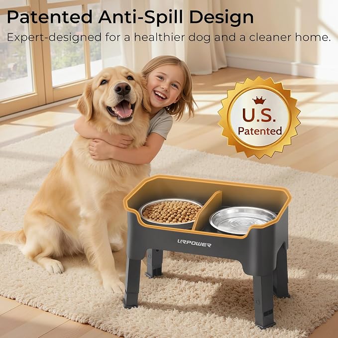 URPOWER Mess Proof Elevated Dog Bowls, Splash Guard Raised Bowl Stand | 4 Height Adjustable Raised Stand with 2 Stainless Steel Food Bowls & Licking Plate for Small, Medium & Large Dogs - Image 2