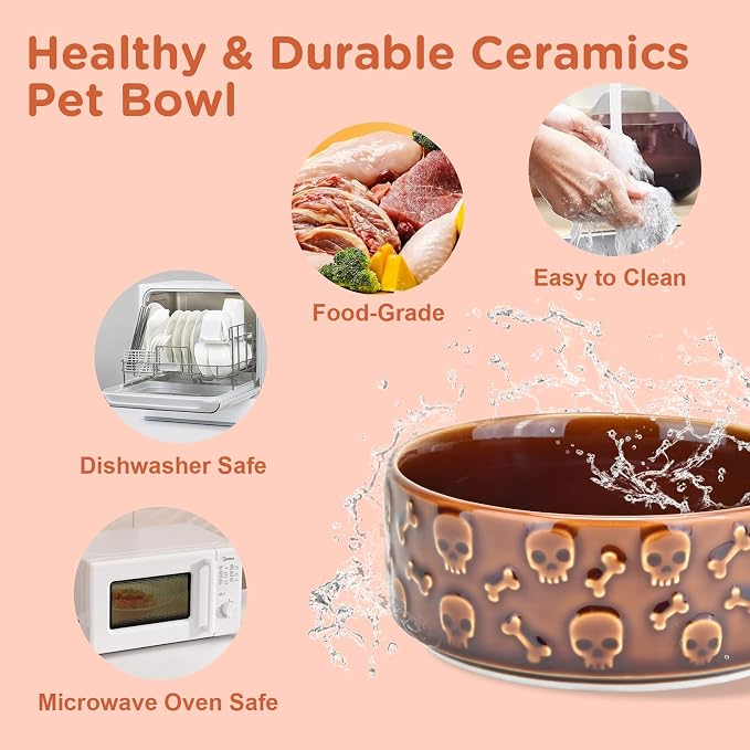SPUNKYJUNKY Elevated Dog Bowls Ceramic, 5.1'' Dogs and Cat Food Water Bowls Raised with Non-Slip Bamboo Stand for Puppy Small Sized Breed Microwave Dishwasher Safe - 13.5 OZ,Skull Bronze - Image 5