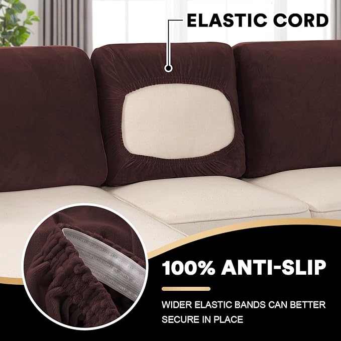 PrinceDeco Sectional Couch Covers Velvet Cushion Covers for Sectional Couch Cushion Covers for Sectional Sofa Separate Sectional Sofa Slipcovers Washable(1 Chaise Back+ 2 Sofa Back,Brown) - Image 4