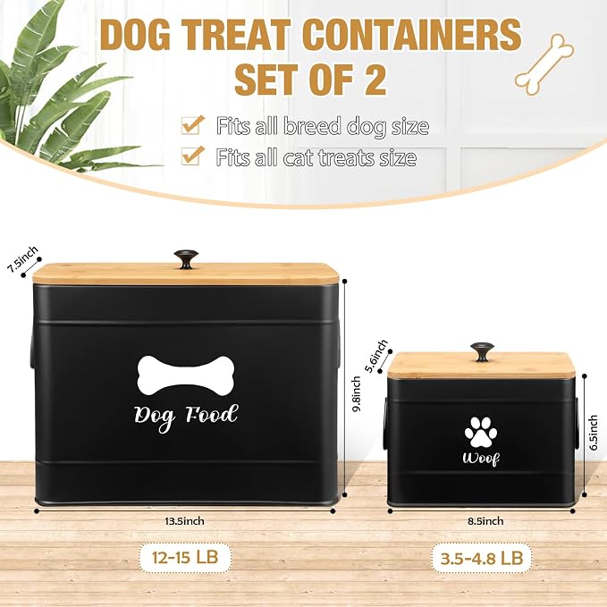 Newtay 2Pcs Extra Large Metal Dog Food Containers Airtight 12 & 3.5 Lbs Dog Treat Snack Jars Set of 2 with Bamboo Lids and Spoons Farmhouse Big Pet Cookie Storage Jars for Kitchen Counter Gift(Black) - Image 2