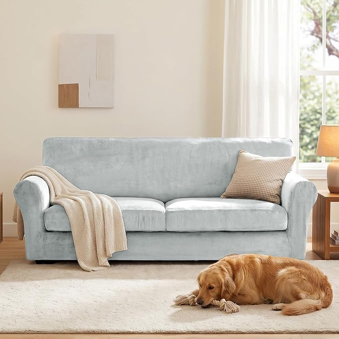 XINEAGE 3-Piece Velvet Sofa Cover,Couch Covers for Dog,Silver Gray | 2 Cushion Sofa,Stretch Non-slip Elastic, Pet-friendly, Washable, Fast Setup, Soft Plush Fabric, Furniture Protector. - Image 4
