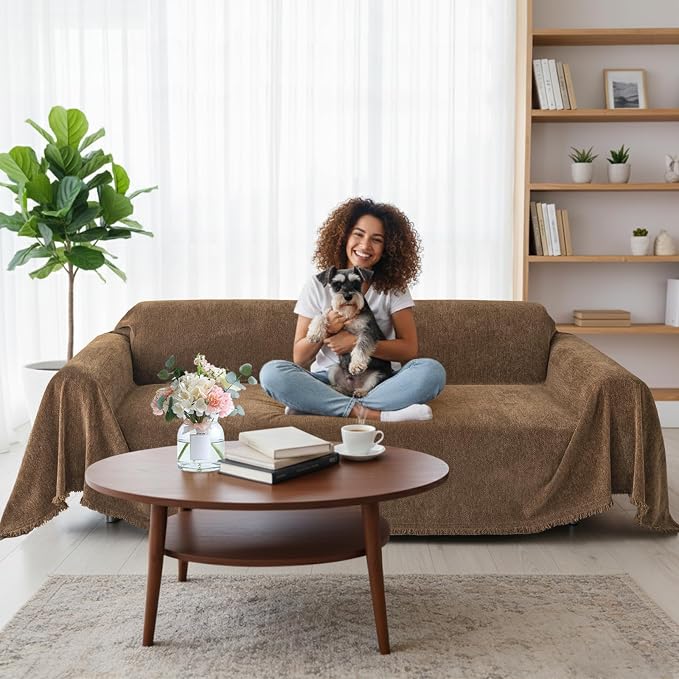 Smiry Couch Cover for Dogs, Chenille Sofa Covers for 3 Cushion Couch | Washable Soft Sofa Slipcover for Pets, Thick Sectional Furniture Protector with Tassels (Chocolate, 71x102 Inch) - Image 12