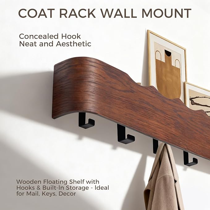 Coat Rack Wall Mount with Shelf Entryway Shelf Modern Key Holder Hanger Wall Shelves with Hidden Hooks for Hanging Towels Coats Hats Bags for Hallway Bathroom Bedroom(Wavy Walnut Color, 5 Hooks) - Image 4