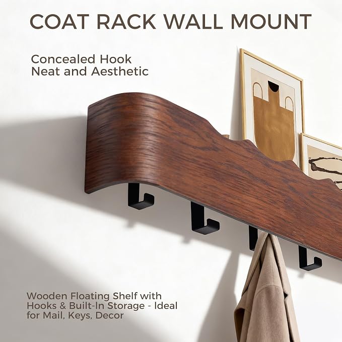 Coat Rack Wall Mount with Shelf Entryway Shelf Modern Key Holder Hanger Wall Shelves with Hidden Hooks for Hanging Towels Coats Hats Bags for Hallway Bathroom Bedroom(Wavy Walnut Color, 4 Hooks) - Image 4