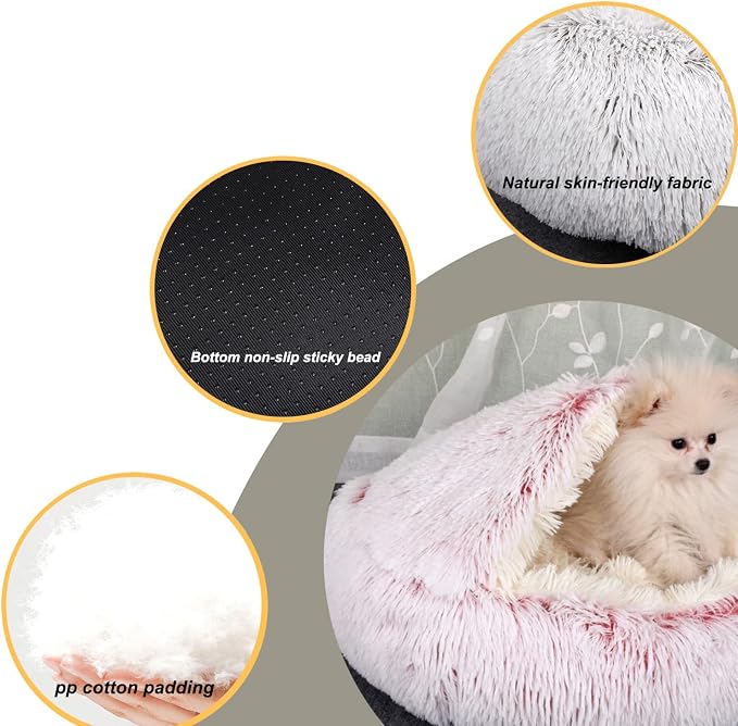 YUDANSI Cat Bed Hooded for Indoor Cats, Dog Bed with Large Covered Hood for Small Dogs Cats Puppy Kitty, Anti Anxiety Donut Cuddler, Anti Slip Plush Faux Fur Enclosed Pet Nest (Washable)(Pink-20inch) - Image 4