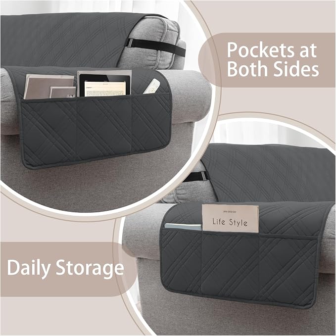 100% Waterproof Couch Cover for Dogs, Anti-Slip Washable Sofa Cover with Elastic Straps & Side Pockets, Durable Furniture Protector for Kids, Pets & Dogs (Armchair 23", Blackish Gray) - Image 3
