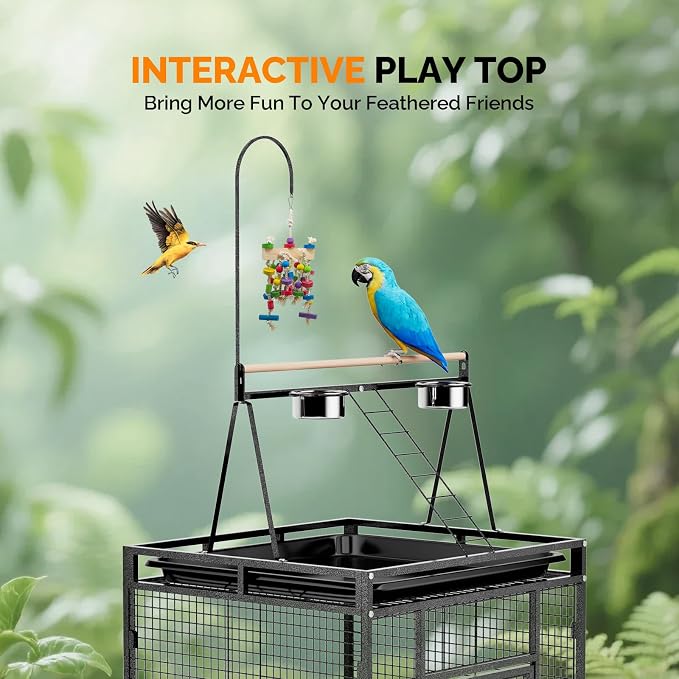 VINGLI 83 Inch Bird Cage with Play Top, Large Wrought Iron Bird Cage with Wheels, Rolling Parakeet Cage with Removable Tray for Cockatiels Lovebird Finches Canaries - Image 3