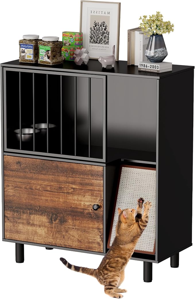 Dog Proof Cat Feeding Station, Cat Feeding Station Furniture with Storage and Cats Scratching Board, 2 Raised Pet Food and Water Bowl for Indoor Cats, Large Pet Cabinet by Qiaoxuan