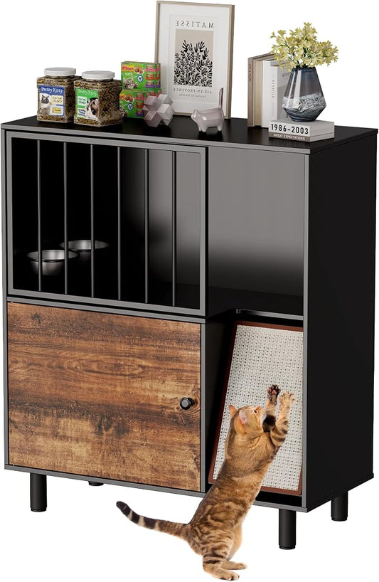 Dog Proof Cat Feeding Station, Cat Feeding Station Furniture with Storage and Cats Scratching Board, 2 Raised Pet Food and Water Bowl for Indoor Cats, Large Pet Cabinet by Qiaoxuan