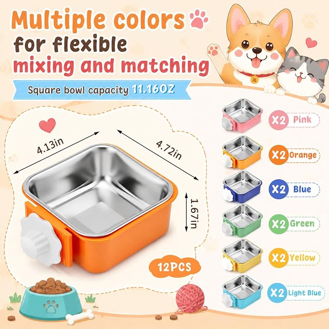 LemonRoad 12 Pcs Dog Crate Water Bowl Bulk No Spill Hanging for Kennel Removable Stainless Steel Puppy Food Water Feeding Bowls Cage Coop Cup for Dogs Cats Rabbits Birds Ferret(Square Bowl) - Image 2