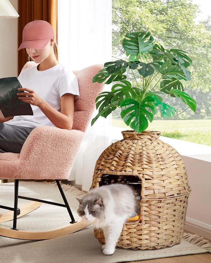 SETVSON Cat Litter Box Plant Furniture Enclosure, Rattan PE House, Natural | Decorative Planter Design, Removable Top for Easy Cleaning, Includes Artificial Plants, Real Stones, 20 x 20 Inches - Image 6
