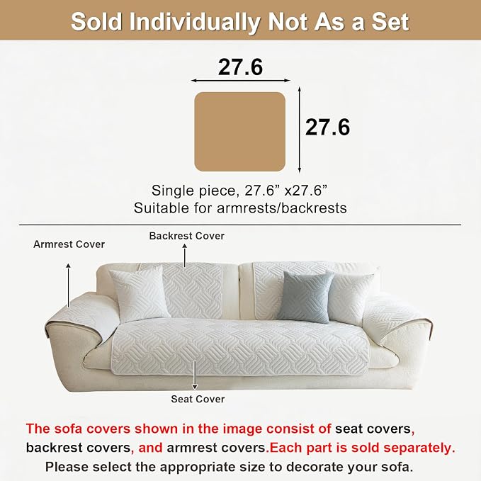 Velvet Couch Arm Rest Covers for Sofa Washable(27.6"x27.6") | Soft Sofa Cover for Armrest, No Shedding White Couch Covers, Pet Friendly Non Slip Couch Protector Cover for Dogs - Image 2