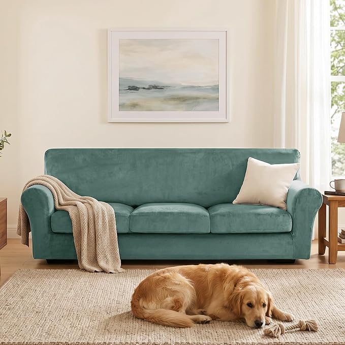 XINEAGE 4-Piece Velvet Oversize Sofa Cover,Couch Covers for Dog,Light Green | 3 Cushion Large Sofa,Stretch Non-slip Elastic, Pet-friendly, Washable, Fast Setup, Soft Plush Fabric, Furniture Protector. - Image 4
