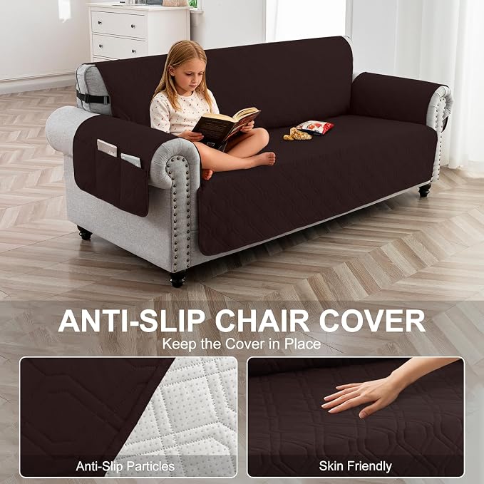 100% Waterproof Quilted Couch Cover,Straps&Pockets,68" Chocolate | Washable sofa cover, pet-friendly, scratch-resistant furniture protector, quilted sofa cover, reversible, non-slip backing. - Image 4