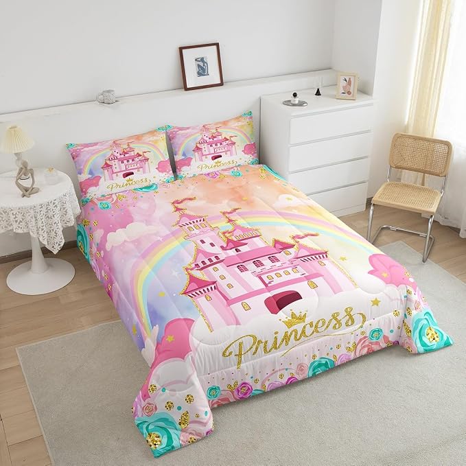 Princess Comforter Set King Size 3 Pcs,Fairy Tale Starry Rainbow Sky Glitter Bedding Set,Flowers Garden Princess Castle Fantasy Quilt Set for Adults Bedroom,Dreamy Pink Duvet Insert,2 Pillowcases - Image 2
