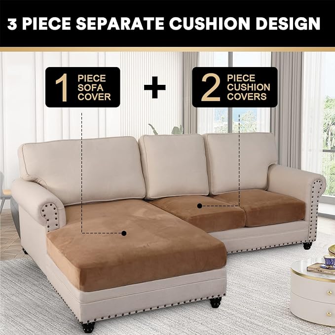 PrinceDeco Sectional Couch Covers 3 Pieces Velvet Sofa Covers L Shape Soft Couch Covers for Sectional Sofa Corner Sofa Cover Couch Cover for Dogs Washable (2 Seater + 1 Chaise,Camel) - Image 3