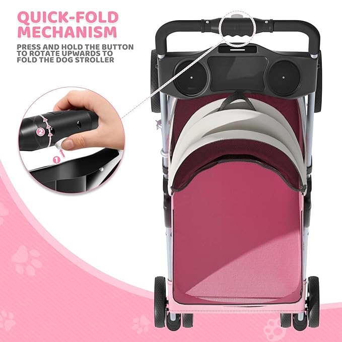 Magshion Foldable Pet Stroller, 3-in-1 Dog Travel Jogger with Detachable Carrier, Cup Holder, Storage Basket, Folding Carrier for Small/Medium Dogs & Cats Up to 33 lbs, Pink