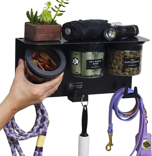 Dog Treat Holder For Wall Storage For Pets, Premium Pet Wall Organizer, Includes Three 16oz Airtight Dog Treat Jars, 3 Sets of Triple Hooks, Sturdy Shelf in Modern Black by Vascito