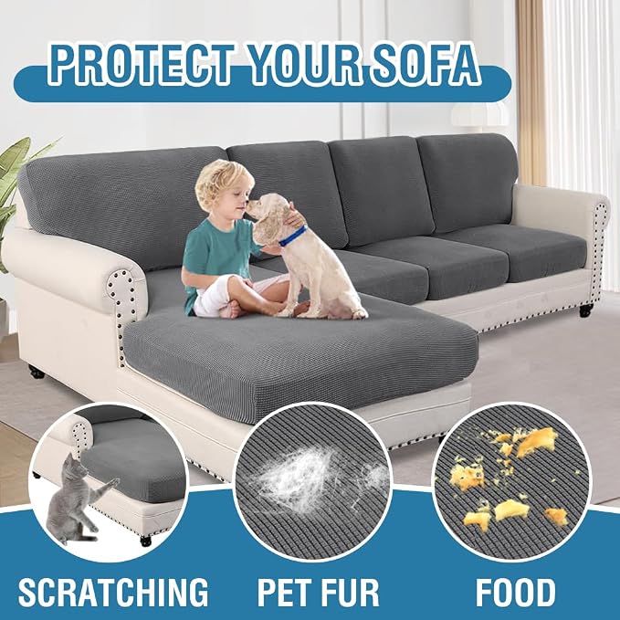 H.VERSAILTEX Sectional Couch Covers 8 Pieces Stretch Sofa Covers for Sectional Sofa Set Separate L Shaped Couch Cover for Both Left/Right Couch (Seat and Back: 1 Chaise + 3 Sofa, Grey) - Image 7