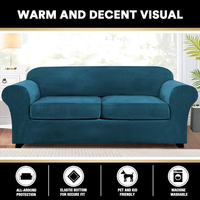 PrinceDeco Couch Cover Velvet Plush Sofa Covers for 2 Cushion Couch Width Up to 90 Inch Washable Furniture Protector Pet Friendly No Slip Sofa Slipcover(Medium-Large, Deep Teal) - Image 6