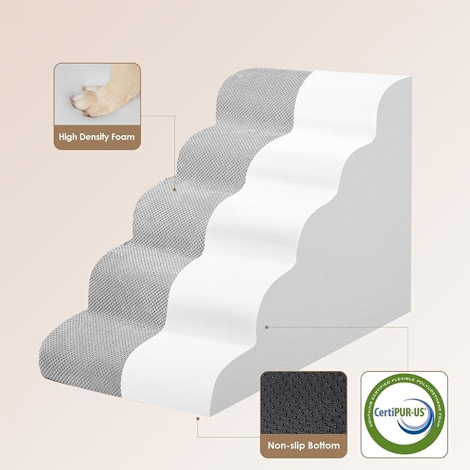 EHEYCIGA Curved Dog Stairs Ramp for High Beds, 5-Step Extra Wide Dog Steps for Small Dogs and Cats, Pet Stairs for High Bed Climbing, Non-Slip Balanced Pet Step Indoor, Light Grey - Image 2