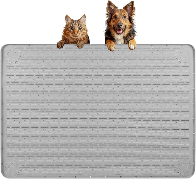 Dog Food Mat 34''x22'' Extra Large Dog Mat for Food and Water, Light Grey | Silicone Dog Bowl Mat with Raised Edge, Waterproof Non-Slip Pet Feeding Mat for Floors, fit for Dog Cat Bowls by Bartuke