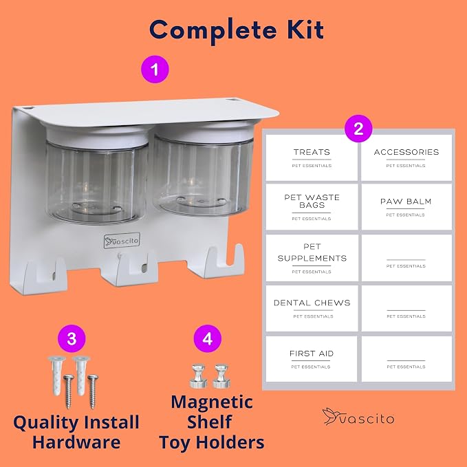 Dog Treat Holder For Wall Storage For Pets, Premium Pet Wall Organizer, Includes Two 16oz Airtight Dog Treat Jars, 3 Sets of Triple Hooks, Sturdy Shelf in Designer White - Image 8