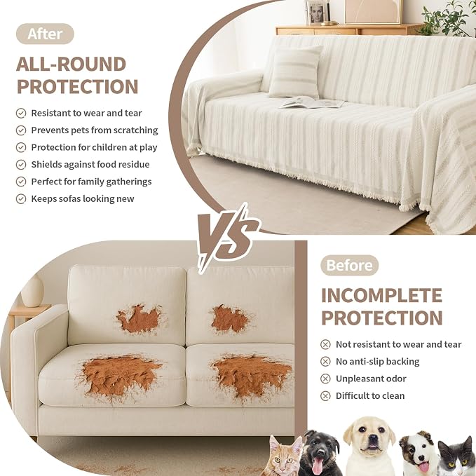 Couch Cover for Sofa, Boho Sofa Covers Washable 3 Cushion for Dogs | Chenille Sofa Slipcover for Pet, L-Shape Sectional Furniture Cover Soft Blanket Loveseat Protector, Striped Beige, 71"x118" - Image 2