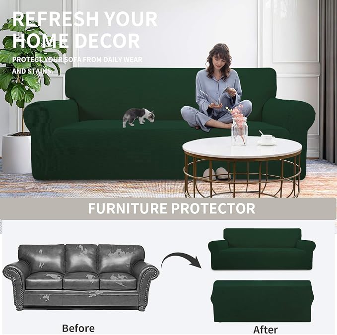 Easy-Going Stretch Chair Slipcover with Arm Washable Dark Green | 1-Piece Couch Sofa Cover Furniture Protector for Living Room Soft with Bottom For Kids, Pet. Spandex Jacquard - Image 3