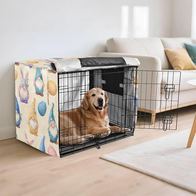 Dog Crate Cover Kennel Cover for Dog Cages Breathable for Wire Cage Indoor Outdoor Easter Gnomes Eggs Beige - Image 6