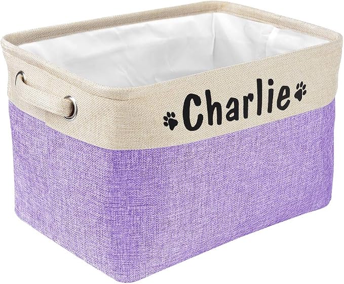 PET ARTIST Collapsible Dog Toy Storage Basket Bin with Personalized Pet's Name - Rectangular Storage Box Chest Organizer for Toys, Coats, Clothing & Accessories, Purple by PETARTIST