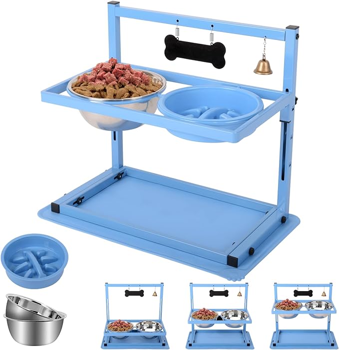 SHAINFUN Blue Raised Dog Bowl Stand with Two 1700ml Stainless Steel Food Bowl, a Slow Feeder and Spill Proof Mat, Adjustable Elevated Dog Bowls for Large Medium and Small Breeds by SHAINFUN
