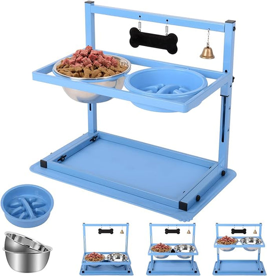 SHAINFUN Blue Raised Dog Bowl Stand with Two 1700ml Stainless Steel Food Bowl, a Slow Feeder and Spill Proof Mat, Adjustable Elevated Dog Bowls for Large Medium and Small Breeds by SHAINFUN