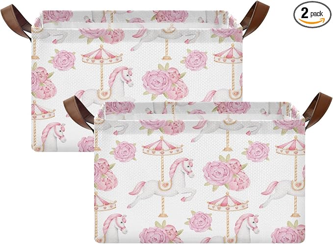 Cute Carousel Horse with Pink Flower Baby Storage Basket with Label&Handles Rectangular Waterproof Nursery Storage Bins Collapsible Shelf Organizer Baskets for Kids Books Cloth Gift Toys Laundry, 2 PC by Unknown