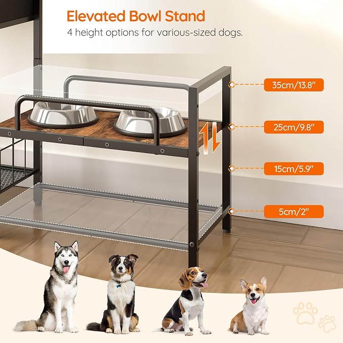 HOOBRO Raised Dog Bowl Stand with Storage, Lifted Feeding Station, Elevated Bowl Holder, 4 Adjustable Heights, for Large Medium Small Dogs, with 1 Drawer and 2 Hooks, Rustic Brown BF23PO03G1 - Image 6