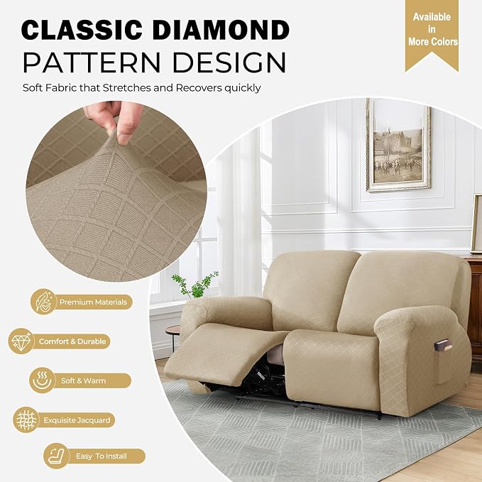 vctops Diamond Recliner Loveseat Slipcover 6-Pieces Stretch Dual Recliner Sofa Covers for 2 Seat Dual Reclining Loveseat Couch Soft Solid Furniture Protector (Light Coffee,2 Seat) - Image 3