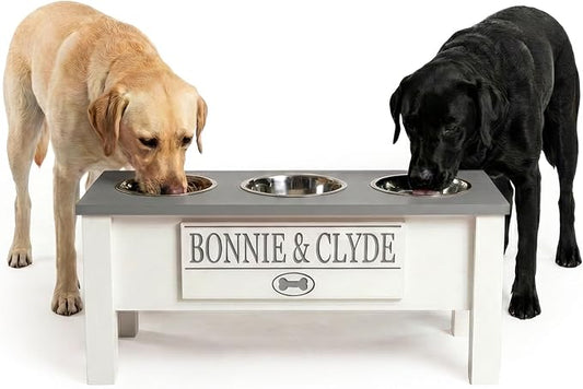3 Bowl Dog Feeding Station, Personalized Triple Bowl Food Stand Large Dogs | Farmhouse Style, Elevated Wood Stand, Storage Container, Stainless Steel Bowls, Raised Feeder, Large Breed, Made in USA by GrooveThisWoodshop