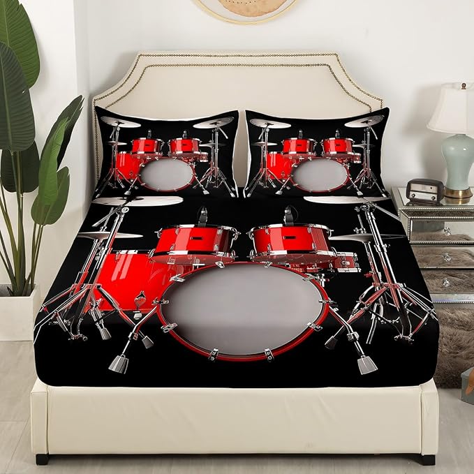 Music Fitted Sheet,Guitar Sheet Sets for Kids Boys Girls Young Man Bedroom Decor,Musical Equipment Pattern Flat Sheet,Soft Fabric Bedding All-Round Elastic Pocket,Twin Size,Black Red - Image 3