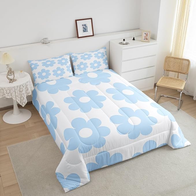 Manfei Cute Daisy Flowers Bedding Set for Boys Girls,70s Retro Groovy All Season Cozy Comforter Set Full Size,Cartoon Floral Blue Duvet Set Bedroom Décor,Gift for Kids - Image 3