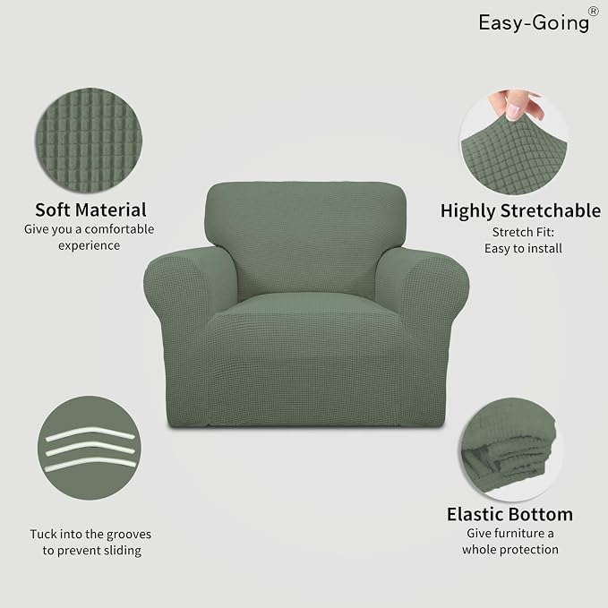 Easy-Going Stretch Chair Slipcover with Arm Washable Greyish Green | 1-Piece Couch Sofa Cover Furniture Protector for Living Room Soft with Bottom For Kids, Pet. Spandex Jacquard - Image 3