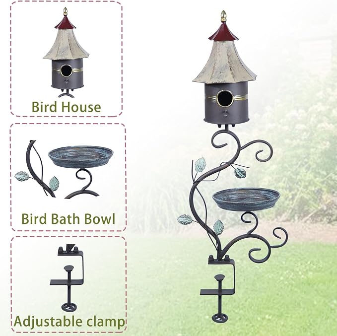 Deck Bird Bath, Metal Bird Bath and Bird Houses, Deck Mounted Bird Bath | Detachable and Adjustable Sturdy Deck Bird Bath for Outdoor Porch Yard Garden Decoration - Image 4