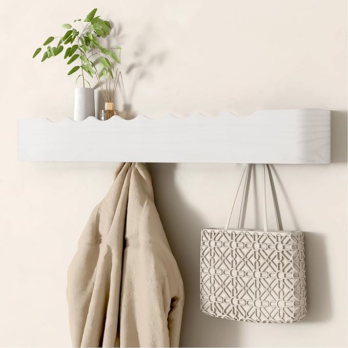 Wall Mounted Coat Rack with Shelf, Wooden Entryway Organizer with Hidden Metal Hooks for Hanging Coats Bags Keys, Modern Floating Shelf for Hallway Bathroom by VERASCOT