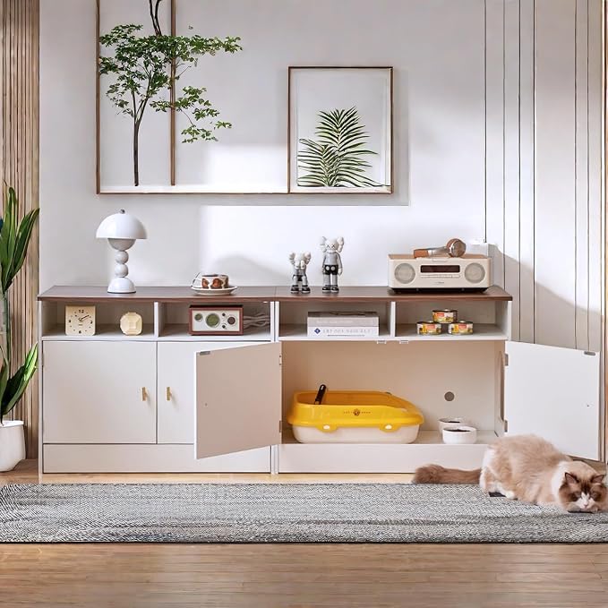 Cat Litter Box Enclosure for 2 Cats, TV Stand with Storage & Outlet, 63" Double Litter Box Enclosure Furniture, Wooden Enclosed Litter Box Cabinet, 63”L x 15.7”W x 23.6”H, White & Walnut - Image 2