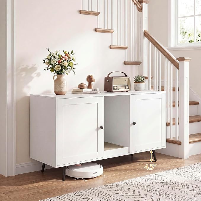 Tangkula Double Cat Litter Box Enclosure, Large Hidden Wooden Cat Cabinet for 2 Cats with Scratching Pad, Double Rooms, Versatile TV Stand Side Table for Indoor Living Room (White) - Image 6
