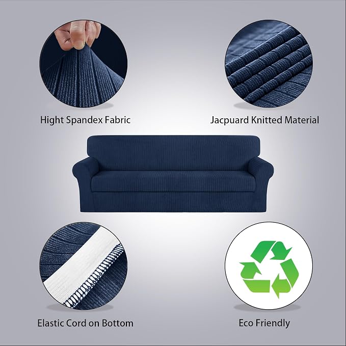 Oversized Sofa Cover Stretching Skid Resistance Couch Cover for Pets Washable, Thick and Durable Soft High Spandex Striped Pattern Sofa Covers (Oversized Sofa, Navy) - Image 2