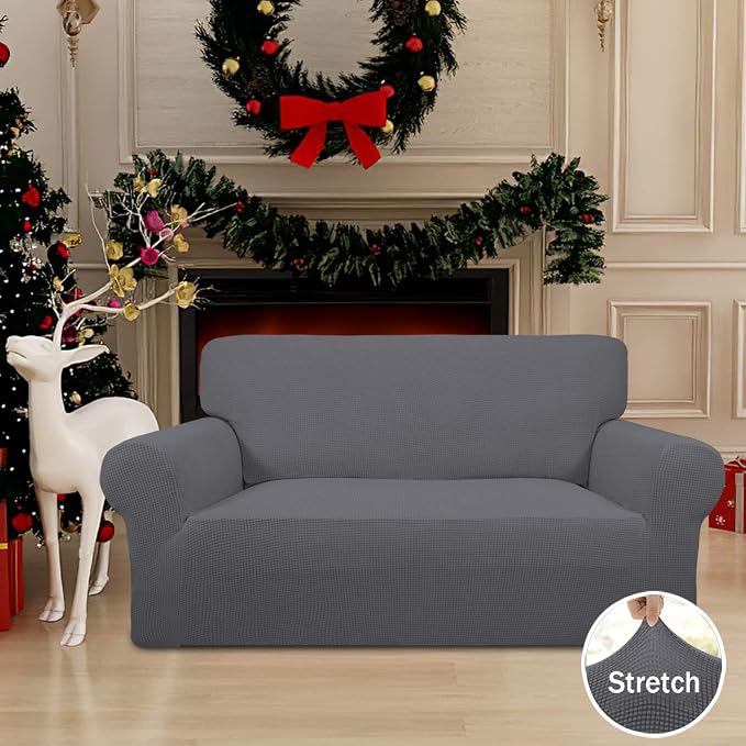 Easy-Going Stretch Loveseat Couch Covers Washable Grey | 1-Piece Loveseat Covers for 2 Cushion Couch Furniture Protector RV Sofa Slipcover Soft with Bottom for Kids Pets - Image 2