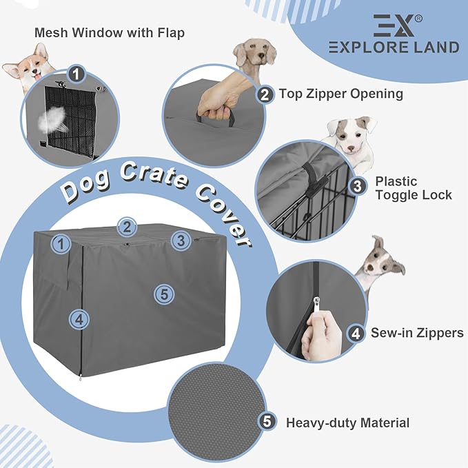 Explore Land Dog Crate Cover Heavy Duty Polyester Pet Kennel Sunshade Universal Fit for 36 inches Wire Cage (Grey) - Image 4